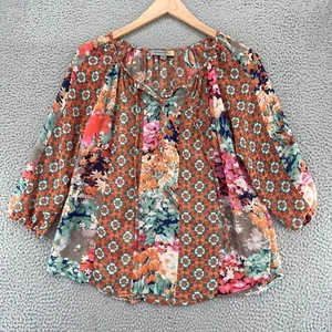 Figueroa & Flower Top Womens Medium Orange Multi Flower Long Balloon Sleeve Boho - Picture 1 of 11