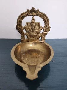 Solid Brass Diya Traditional Oil Lamp Lord Ganesha Great Patina - Picture 1 of 4