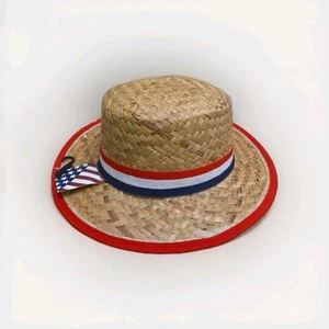 VTG 50’s 60’s Vintage Unisex Red White & Blue Ribbon Straw Woven Boater Wide - Picture 1 of 9