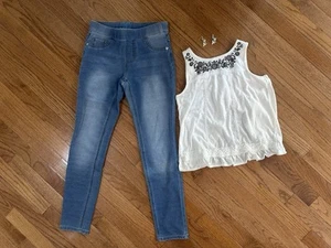 Justice Size 12 Jean Jagging, Beige Ruffle Top And Earring Set- So Cute!! - Picture 1 of 6
