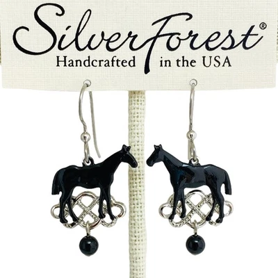 Silver Forest Black Horse Earrings Dangle Celtic Knot Handcrafted USA - Image 1 of 2