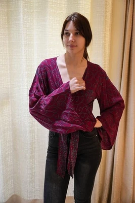 Wrap Top Crepe Tie Blouse Dress Girls Woman Y2k Boho crop Top PS PSW1719 - Image 1 of 4