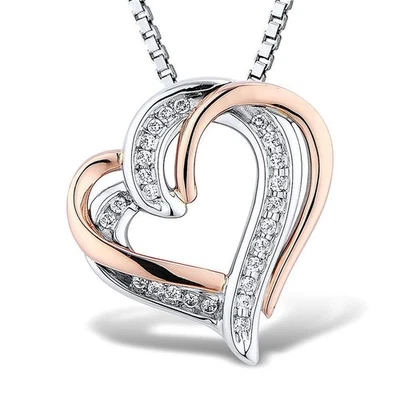 Diamond Heart Necklace 1/10 cttw 2-Tone 14k Rose Gold Plated Silver - Image 1 of 4