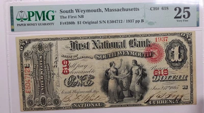 1865 $1, National Bank Note, South Weymouth, MA., PMG Very Fine-25., LGNG028 - Image 1 of 2