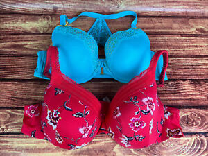 2 Cacique 44B True Embrace T-Shirt Bras Red Floral & Turquoise ￼Underwire Lined