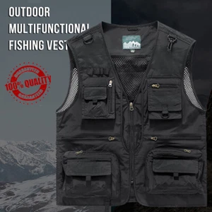 Men's Mesh Breathable Multi-Pocket Waistcoat Outdoor Hiking Fishing Vest Jacket - Picture 1 of 12