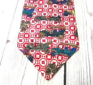 Vintage Silk Necktie MODEL T ANTIQUE CARS J T Beckett Made USA Red White Blue - Picture 1 of 7