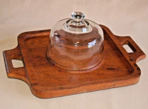 CHEESE & Cracker Server ~ Teak Trivet Tray w Clear Glass Dome ~ Julie Pomerantz - Picture 1 of 5