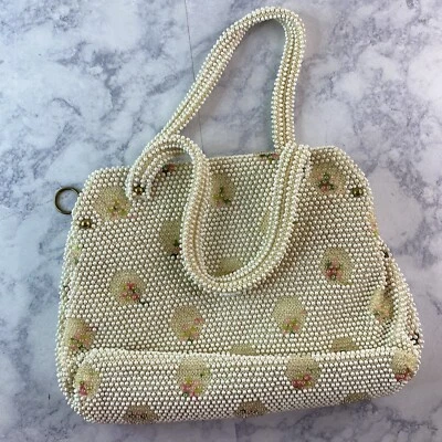 复古白色 Corde' 珠钱包带精致粉红色设计 11 英寸 x 9 英寸 晚宴钱包 — 第 1/4 张图片