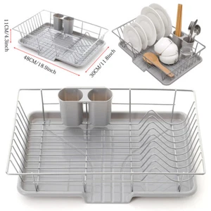 Large Kitchen Dish Drainer Rack With Drip Tray Cutlery Cup Plate Holder Grey UK - Picture 1 of 12