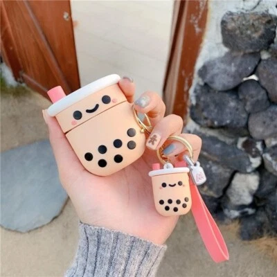NUEVO Estuche Boba AirPods Compatible con Apple Generación 1 y 2 Juego de Llaveros Rosa Foto 1 de 4