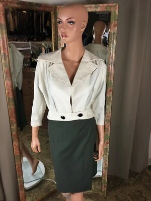 Vintage Olive Green Pencil Skirt Sz 2 Ivory Jacket Bomber Style Sz  10 Pin Up - Image 1 of 4