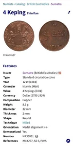¡RARO! Moneda GRANDE de cobre 4 Keping 1804 Sumatra British East India Company_M22 - Imagen 1 de 4