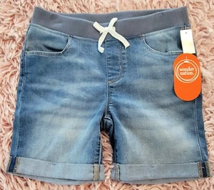 Girls Wonder Nation Knit Waist Denim Shorts Size L (10-12) Blue Jean Cuffed - Picture 1 of 9