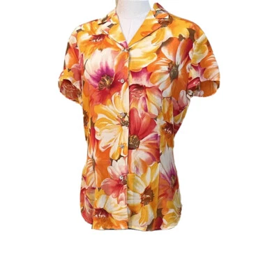 Blusa Tamanho 6 Liz Claiborne Seda, Manga Curta Floral Laranja Amarelo Vermelho Leve - Imagem 1 de 4