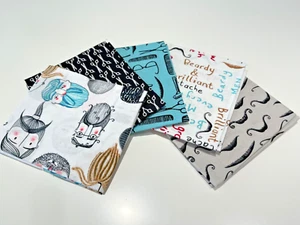 Beards, Moustaches Scissors Barbers 100% Cotton Fabric 5 Piece Fat Qtr Bundle - Picture 1 of 4