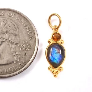 Natural Labradorite & Citrine Charm -18k Solid Gold Handmade Charm Pendant - Picture 1 of 2