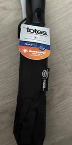 TOTES Automatic Open Close Umbrella SunGuard UPF 50 NeverWet Compact-Black - Picture 1 of 3
