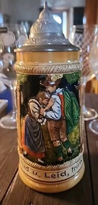 Vintage Lidded 8.5” GERMAN Beer Stein Dancing Couple Freud U. Leid, Trink Alleze - Picture 1 of 14