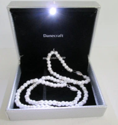 NIB Set DANECRAFT Silver Plate Cubic Zirconia Pearl Necklace Bracelet Lit Box - Image 1 of 4