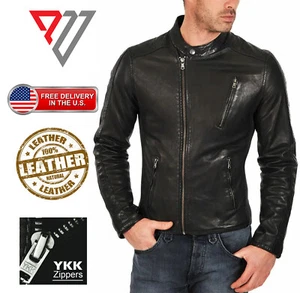 Men's Real Lambskin Soft Black Leather Classic Slim Fit Motorcycle Biker Jackets - Picture 1 of 2