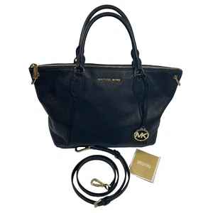 Michael Kors Bedford Black Leather Shoulder Tote Bag Gold Hardware MK Charm - Picture 1 of 14