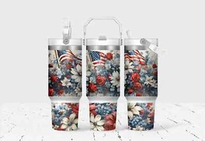Patriotic Floral 30 Oz Flip Straw Tumbler With Handle - Picture 1 of 1