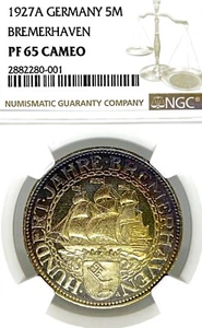 Germany Weimar Republic 1927A 5 Mark BREMERHAVEN NGC PF 65 CAMEO Thaler PP PROOF - Picture 1 of 3