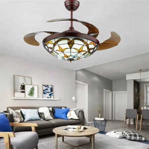 42" Tiffany Ceiling Fan Light Stain Glass Chandelier Remote 3-Color LED 3-Speed - Picture 1 of 13
