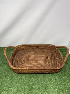 The Pampered Chef Woven Selections Rattan Tray Basket 16x11x3" Wood Base Handles - Picture 1 of 16