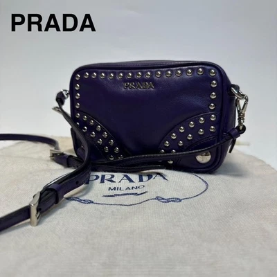 PRADA Leather Camera Bag Beaded Logo Crossbody Bag Shoulder Bag Purple Auth - Image 1 of 4