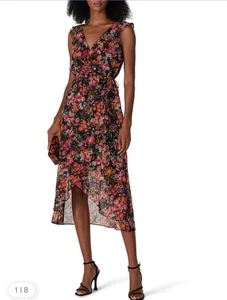 Rachel Roy Black Floral Wrap High Low Dress Size 4 Ruffle Rose Whimsy Victorian - Picture 1 of 16