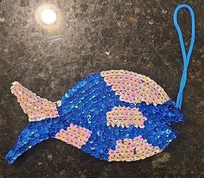 Porta-chaves cartão bolsa lantejoulas peixe bolsa embreagem azul branco - Imagem 1 de 4