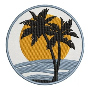 3" Beach Patch – Sun Palm Tree & Ocean Waves Embroidered Iron-On Sew-On Badges - Picture 1 of 6