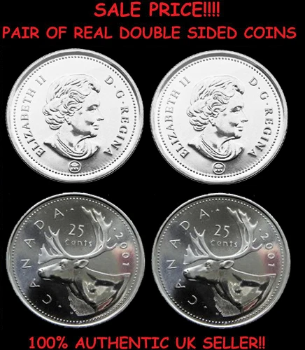 Pair of Real Double Sided Canadian Quarters 1 Two Headed and 1 Two Tailed Coin - Image 1 of 1