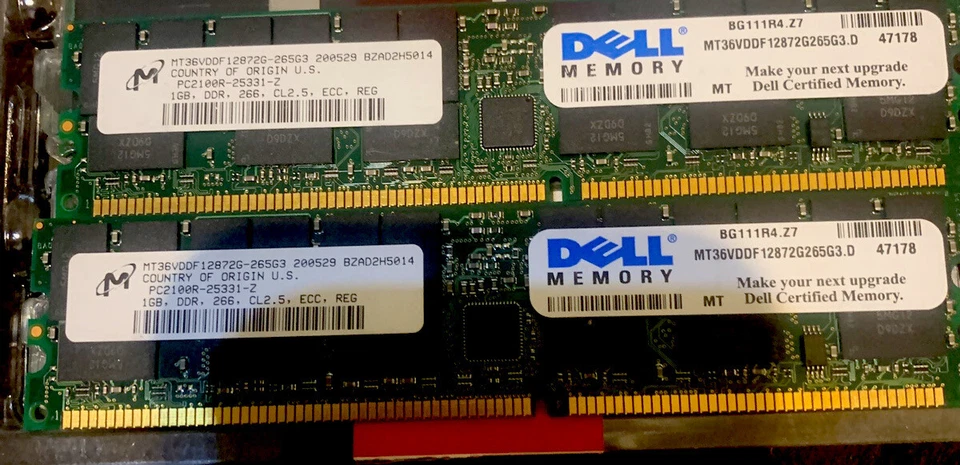 1GB Micron DDR1 PC2100R-25331-z 266MHz CL2.5 ECC Reg RAM MT36VDDF12872G-265G3 - Image 1 of 1
