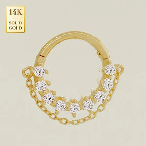 14K REAL Solid Gold CZ Nose Septum Ring with Chain Clicker Body Piercing 18Gauge - Picture 1 of 3