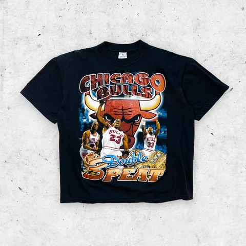 Vtg 90s Chicago Bulls 3 Peat World Champs AOP Shirt, Jordan Rodman, Rap Tee, XL Cover