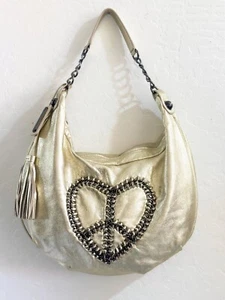 VTG Betsey Johnson Chain Heart Peace Sign Hobo Bag Purse handbag Gold Leather - Picture 1 of 11
