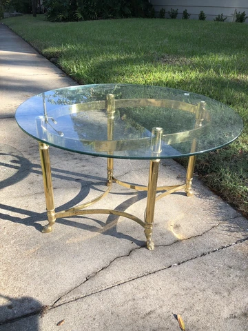 La Barge brass and glass coffee table hooved foot, Hollywood Regency Midcentury Cover