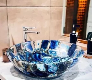 12" Blue Agate Stone Round Wash Basin Luxury Countertop Kitchen Vessel Sink Deco - Picture 1 of 7