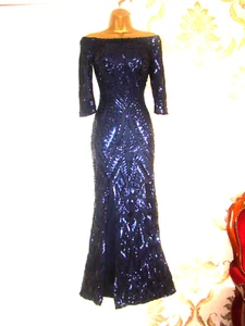 Quiz Navy Sequin Ballgown Bardot Maxi Art Deco Evening Party Prom Dress Size 16 - Picture 1 of 7