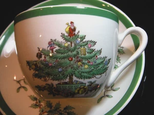 Spode "Christmas Tree" #S-3324 (Green Trim) Cup & Saucer Sets. Made in England - Picture 1 of 6