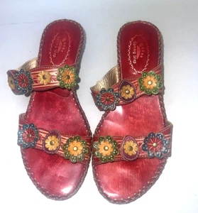 Spring Step Womens Ambrosia Leather Red Slide Heel Sandals Floral 40- 9M US Sz - Picture 1 of 9