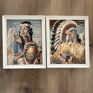 2 pinturas vintage por número Indian Chief Head, Squaw mujer nativa americana enmarcada - Imagen 1 de 14