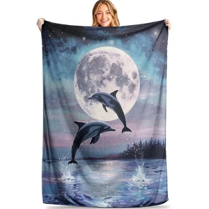 Dolphin and Moon Throw Blanket - Soft, Cozy, Lightweight Flannel, Warm, Plush... - Picture 1 of 6