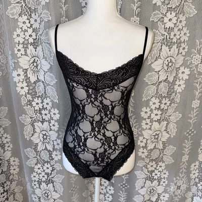 Vintage Black Semi Sheer Floral Stretch Lace Romper Sissy Bodysuit Sz Small 32 B - Image 1 of 4