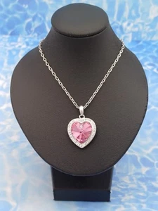 Stunning Sparkling Silver Tone & Pink Crystal Rhinestone Heart Pendant Necklace - Picture 1 of 13