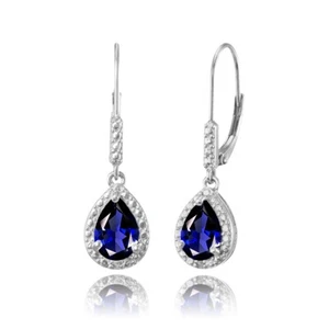 Sterling Silver Created Blue Sapphire Teardrop Dangle Leverback Earrings - Picture 1 of 3