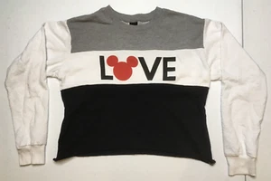 Disney Sweater Youth Medium Gray White Black Love Mickey Mouse Crop Top Pullover - Picture 1 of 8